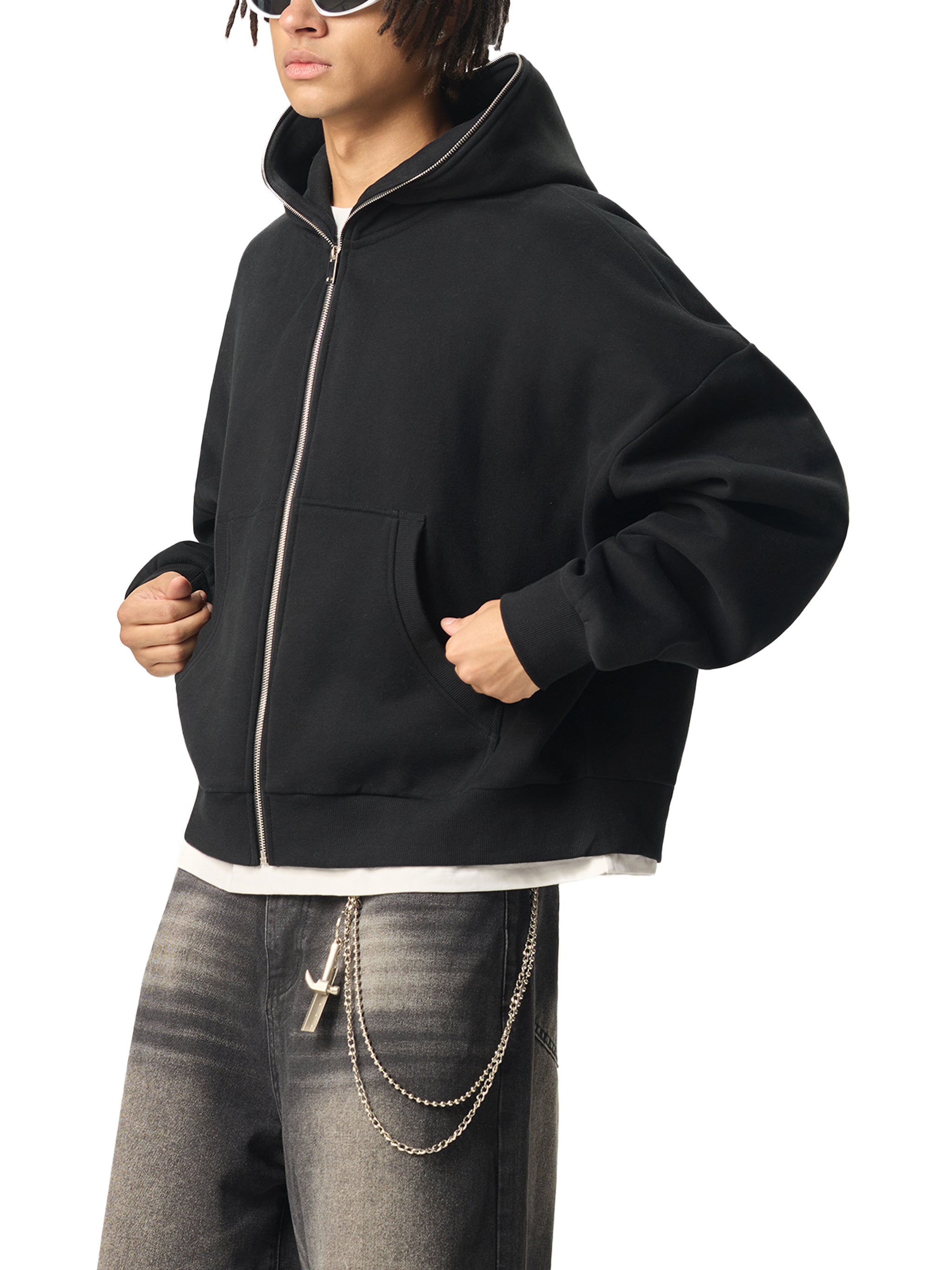 YESHUA Men'S  Fleeced Full-Zip Boxy Hoodie