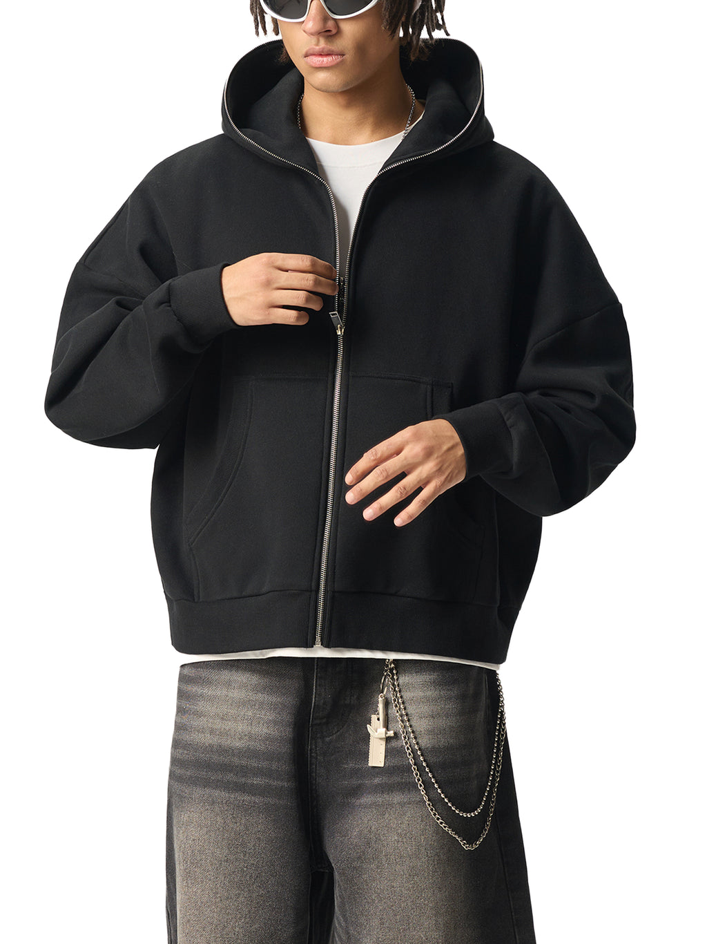 YESHUA Men'S  Fleeced Full-Zip Boxy Hoodie