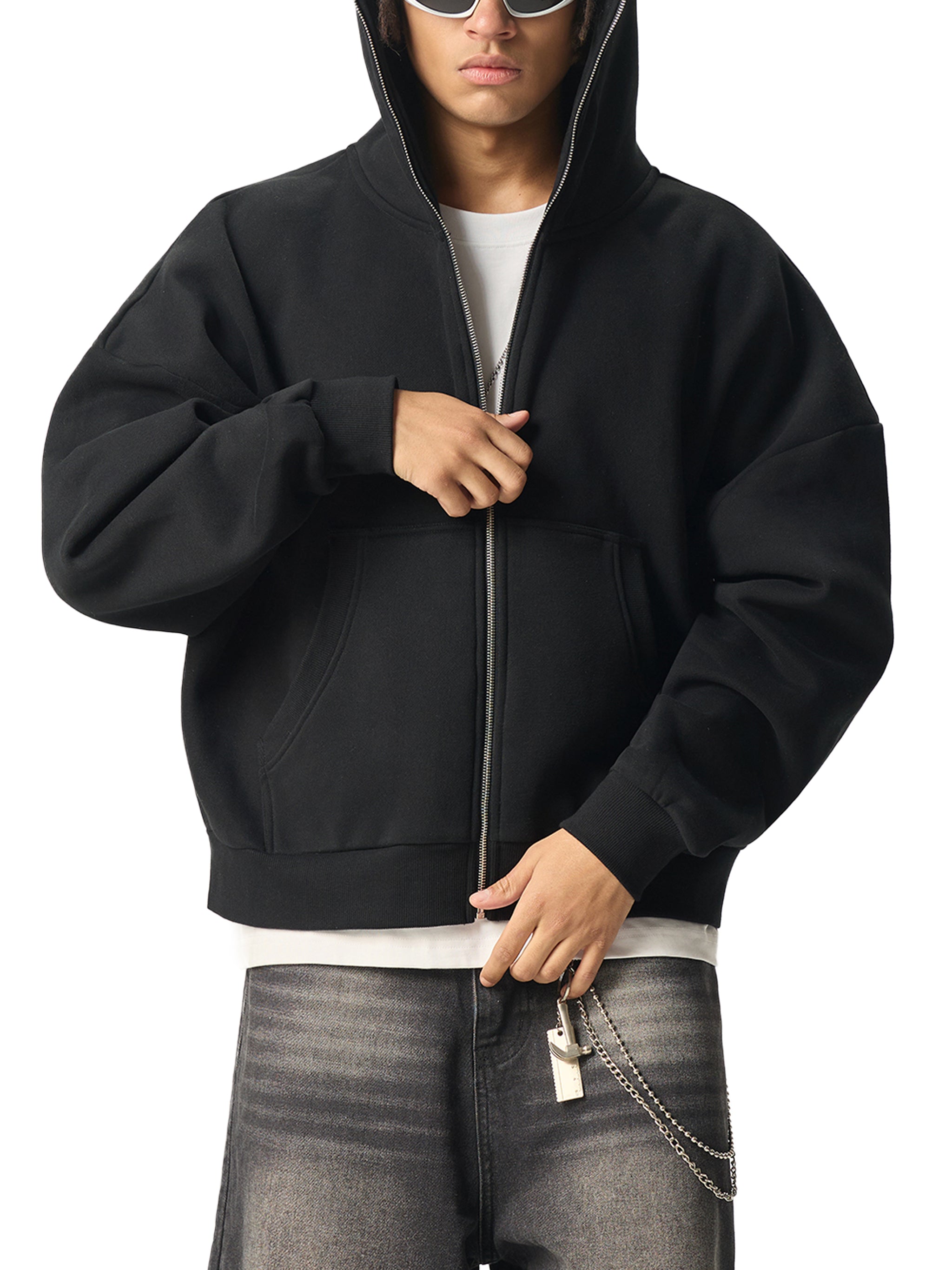 YESHUA Men'S  Fleeced Full-Zip Boxy Hoodie