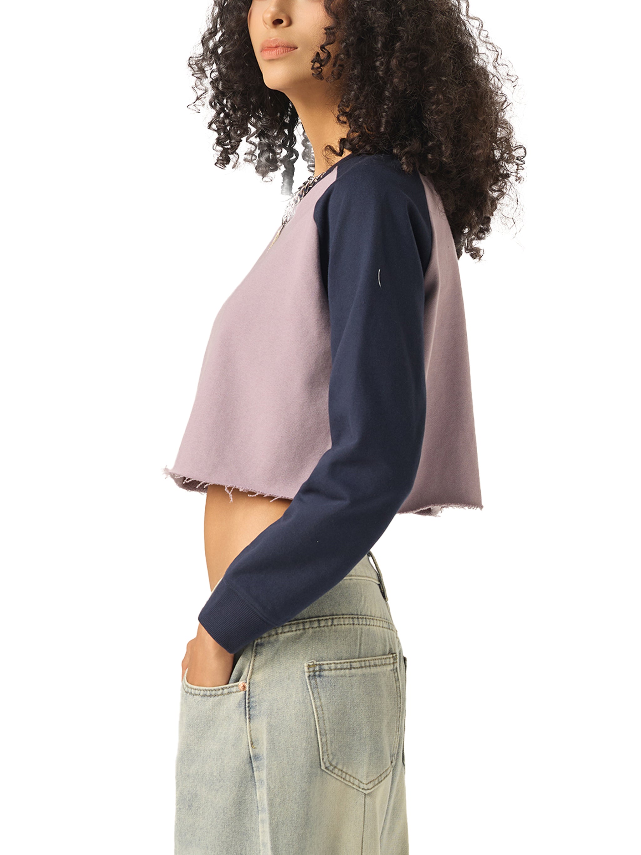 YESHUA Women'S  Raw-Hem Color-Block Raglan Crop Sweatshirt